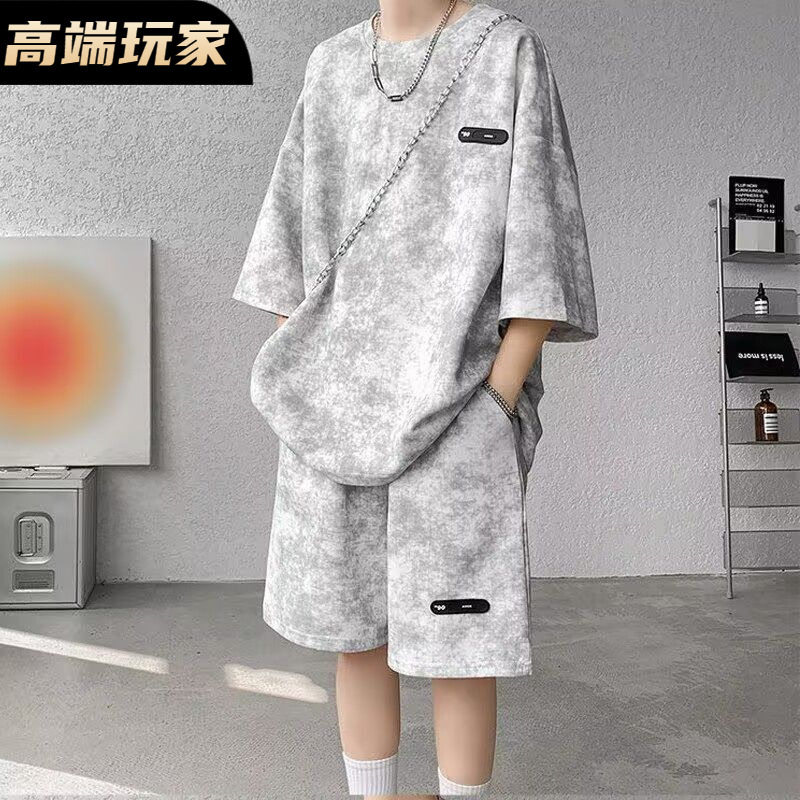 现货夏季套装男扎染冰丝五分袖t恤短裤潮流大码男装整套休闲男装