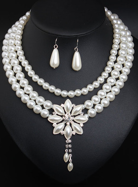 欧美多层珍珠花朵项链耳环套装女时尚配饰品厂家批发