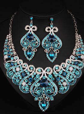 欧美奢华水晶水钻宝石项链套装