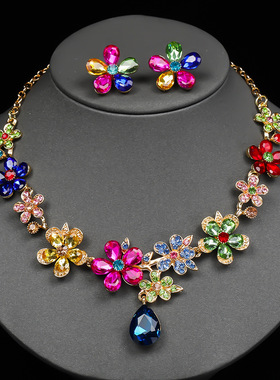 欧美项链耳环套装女跨境首饰水晶水外合金新娘结婚饰品花朵复古风