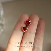 新年纯银925银桃心爱心石榴石红宝石耳钉红色心形精致耳饰耳环女