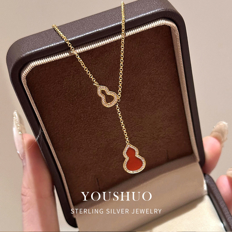 s925纯银红玉髓红宝石吊坠葫芦款项链女轻奢小众红色锁骨链高级感