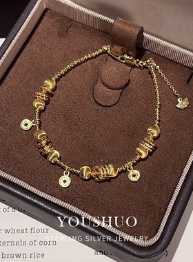 纯银s925镭射猫眼珠金币钱多多盘缠手链精致感气质百搭手饰轻奢