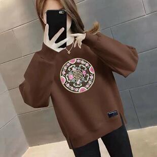 印花国风打底休闲加厚上衣 圆领加绒卫衣时尚 清仓外贸新中式 妈妈装