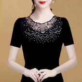 女短袖 女装 t恤2025夏装 修身 圆领蕾丝打底衫 网纱大码 新品 薄款 上衣