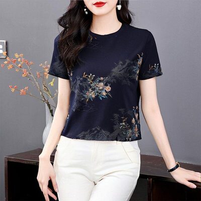 清仓捡漏中年短袖印花t恤女夏季宽松百搭圆领体恤妈妈装洋气上衣