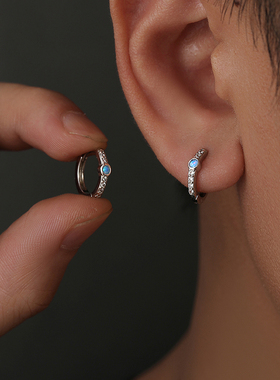 邓为同款纯银镶钻蓝色澳宝耳环小众设计潮男女款耳圈高级感简约风