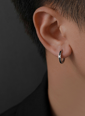 S925纯银针H字母耳环耳钉潮流个性男款ins潮男士高级感简约风耳圈