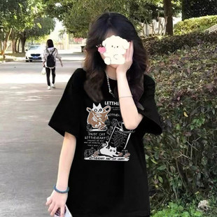 纯棉黑色短袖T恤少女夏装2026年新款初中高中学生宽松休闲上衣服