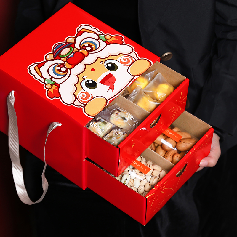 简易双层春节礼盒空盒烘焙老式糕点手提礼盒年货糖果饼干包装盒