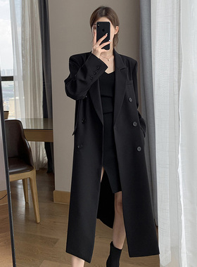 黑色高个子加长版西装风衣外套女高级感2024春秋超长款正肩大衣