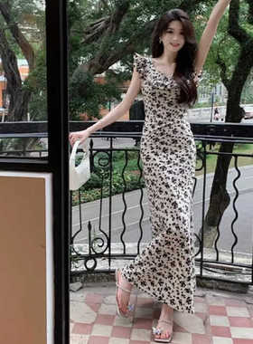 小飞袖175高个子女生连衣裙超长到脚踝收腰及踝碎花加长版拖地裙