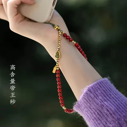 天然朱砂朱事大吉朱砂和田玉葫芦链挂件手腕挂绳绿色文艺女
