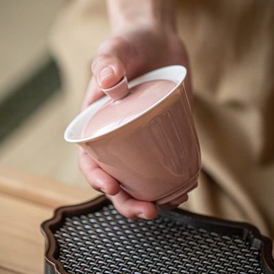 高档手工薄胎盖碗茶杯凤仙粉盖碗