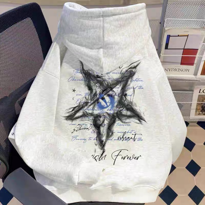 美式潮流恶魔之眼印花连帽卫衣男女童秋冬加绒百搭宽松学生上衣