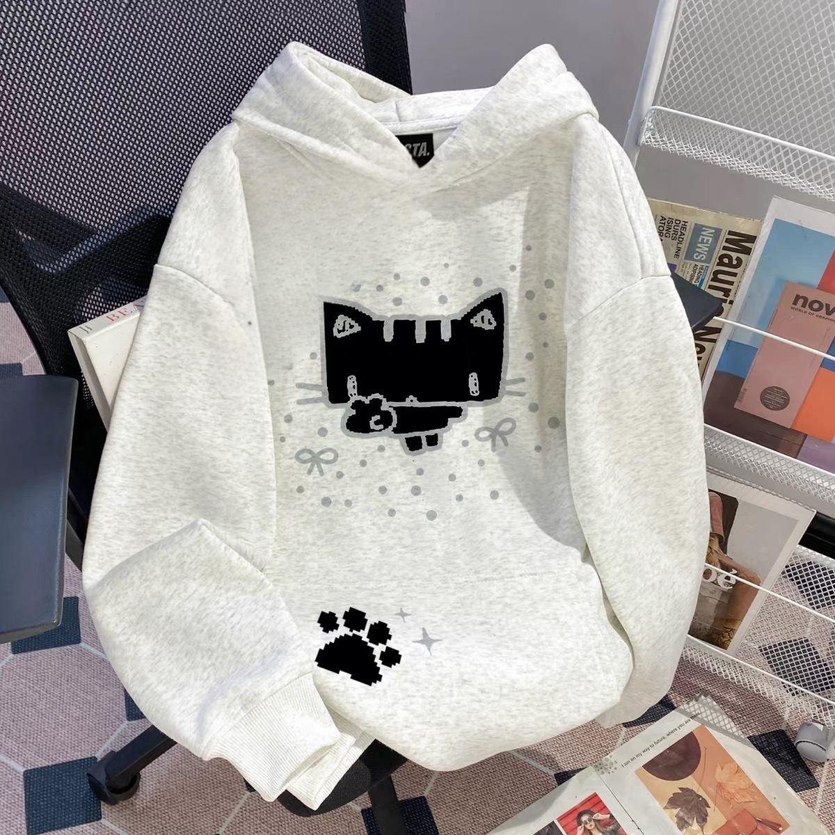 drew灰色卫衣男女童秋冬加绒加厚新款重磅美式初中生长袖连帽衫