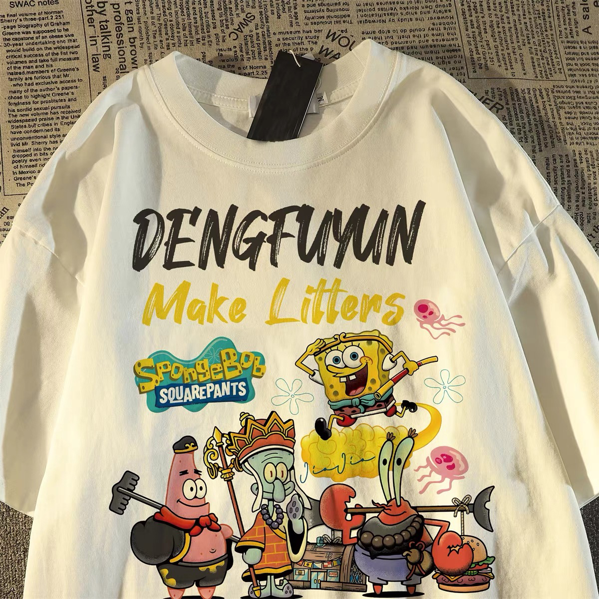 日系趣味海绵宝宝卡通印花纯棉短袖t恤男女童慵懒风宽松半袖上衣