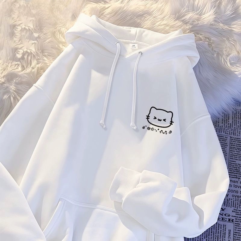 韩版女童可爱猫咪印花连帽卫衣秋冬季宽松加绒时尚学生休闲上衣潮