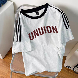 纯棉美式复古字母印花短袖t恤女童夏季设计感小众宽松三条杠上衣