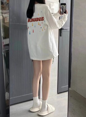 白色美式复古纯棉长袖T恤女童春秋季宽松慵懒风oversize学生上衣