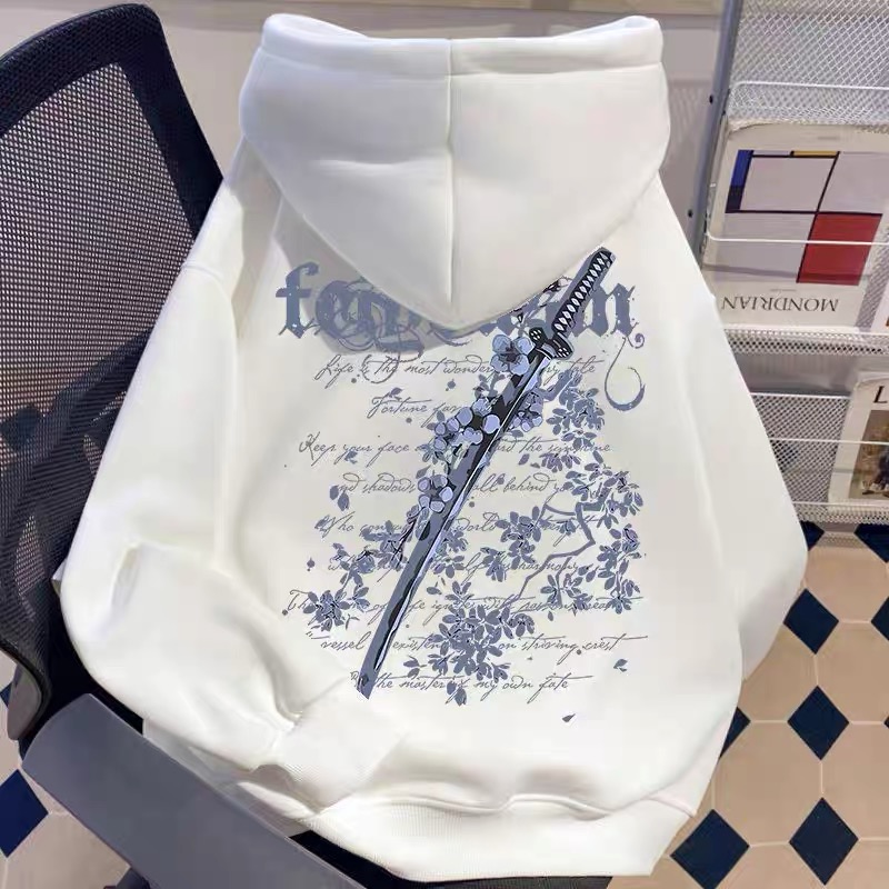 美式复古vintage花剑印花连帽卫衣男女童秋冬高街加绒学生上衣
