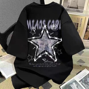 国潮ins个性星星字母印花纯棉短袖t恤男女童夏季宽松oversize上衣