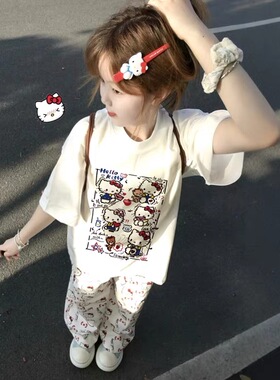 纯棉白色短袖t恤女童夏季2025新款宽松初中生hellokitty半袖上衣