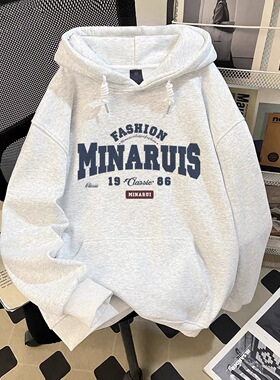 白灰色连帽卫衣男女童秋冬宽松慵懒风oversize加绒字母印花外套潮