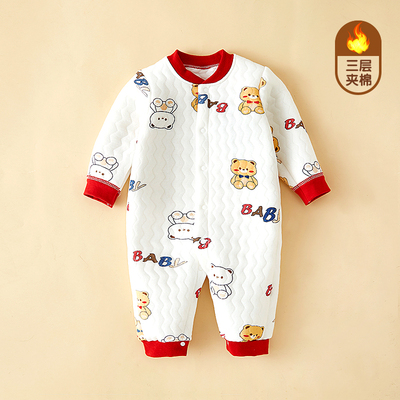 婴儿夹棉连体衣秋冬新款保暖衣新生儿衣服外出哈衣爬服两件套套装