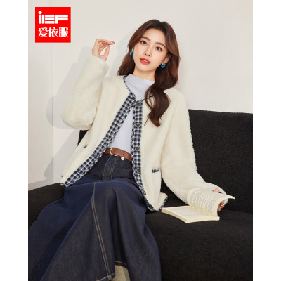 IEF/爱依服2025冬季新款法式小众拼接设计感通勤百搭颗粒绒外套