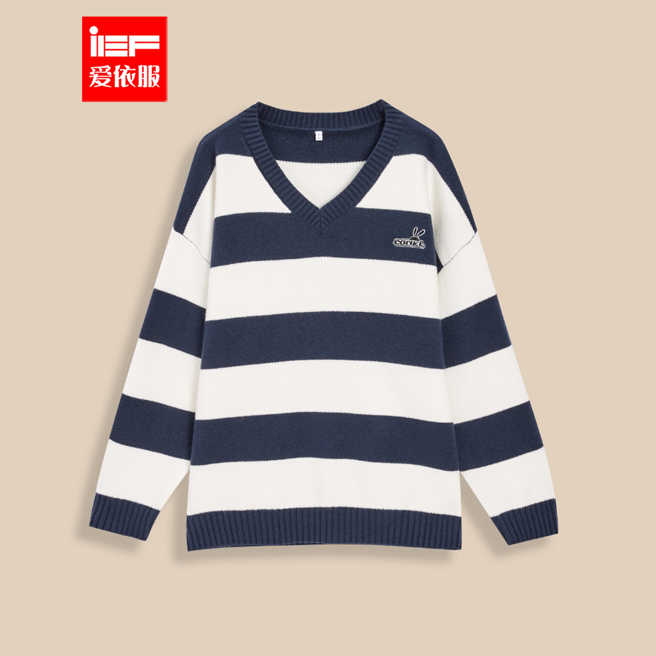 IEF/爱依服2025秋冬新款韩版休闲宽松百搭条纹V领百搭毛织中上衣