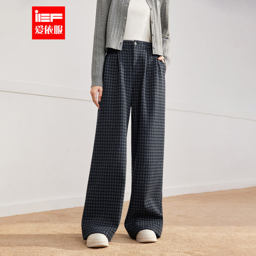 IEF/爱依服长裤2025冬季新款韩版复古休闲通勤格子加绒百搭阔腿裤