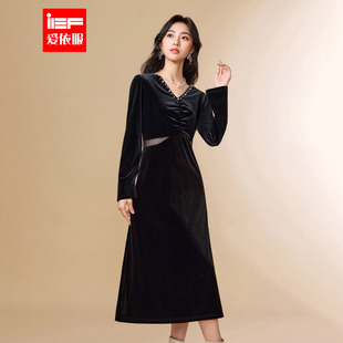气质感通勤显瘦天鹅绒连衣长裙 法式 IEF 爱依服连衣裙2025秋冬新款