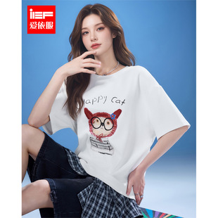 新款 上衣2026春季 韩系设计感猫咪印花休闲百搭T恤 爱依服短袖 IEF