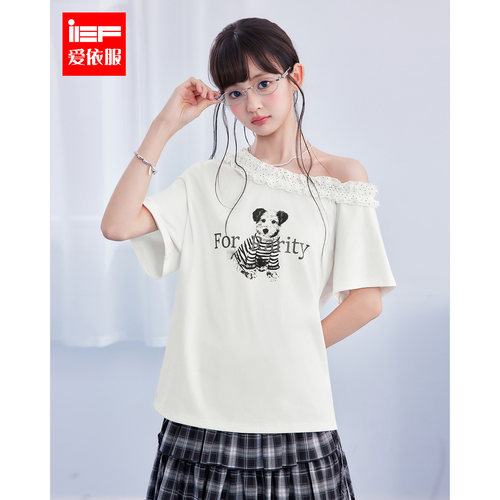 IEF/爱依服2026夏季新款蕾丝拼接卡通印花斜肩T恤女甜美日常百搭