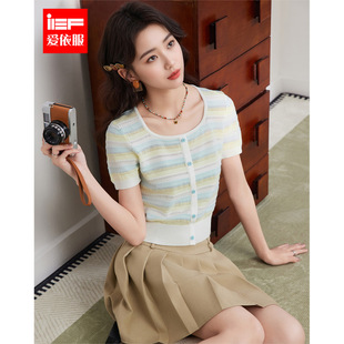 方领条纹百搭短款 IEF 通勤法式 新款 显瘦女毛织上衣 爱依服2026夏季