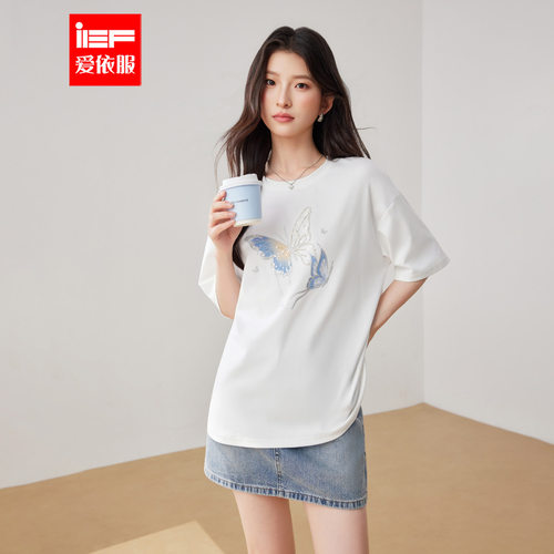 IEF/爱依服上衣2026夏季新款韩系设计感蝴蝶印花通勤百搭中T恤