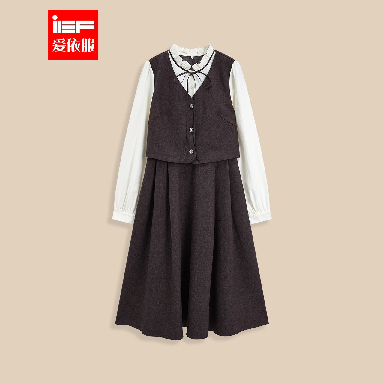 IEF/爱依服2025秋季新款韩版文艺知性通勤气质设计感显瘦连衣中裙