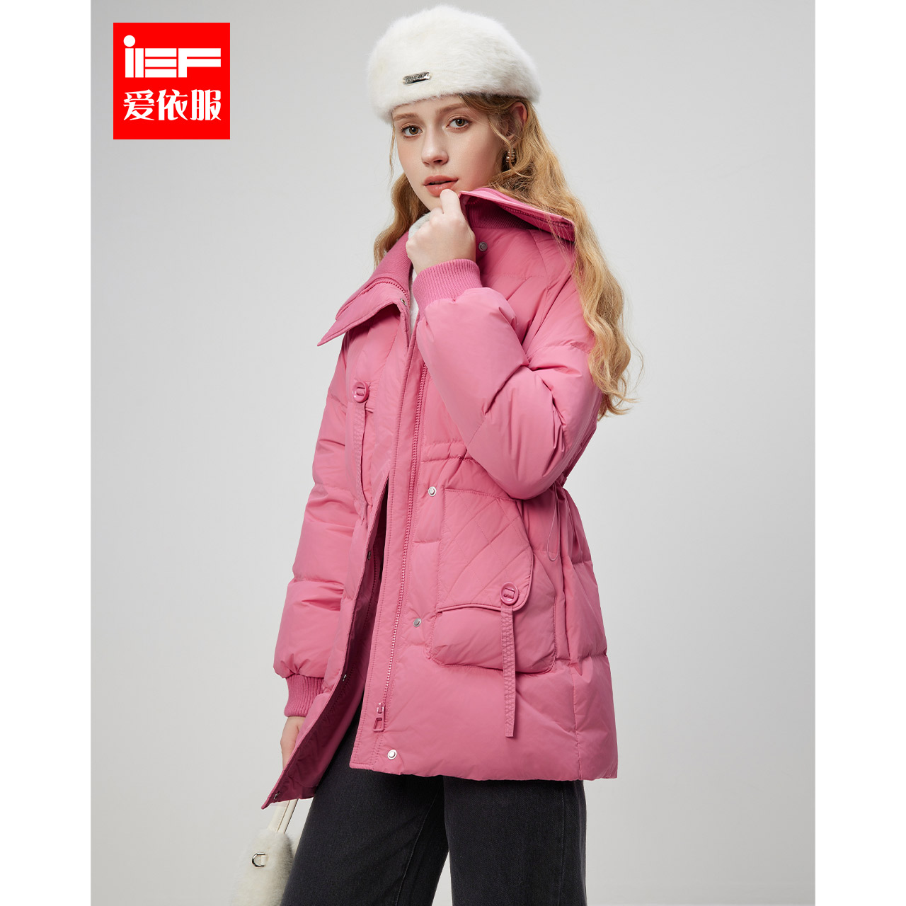 IEF/爱依服2025冬季新款法式时尚小众大翻领设计通勤羽绒中长外套