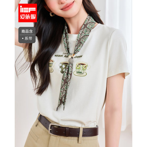 IEF/爱依服2026夏秋新款咖啡杯印花短袖T恤休闲时髦日常显瘦百搭