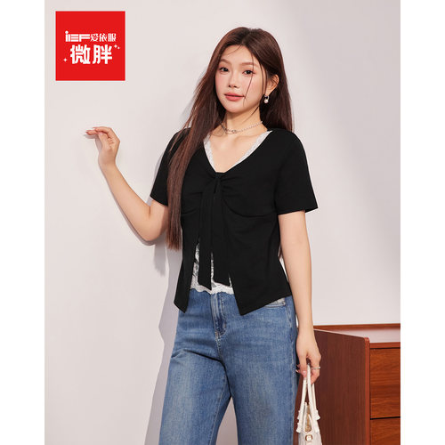 IEF/爱依服微胖大码女装2026夏季新款显瘦短袖蕾丝拼接假两件上衣