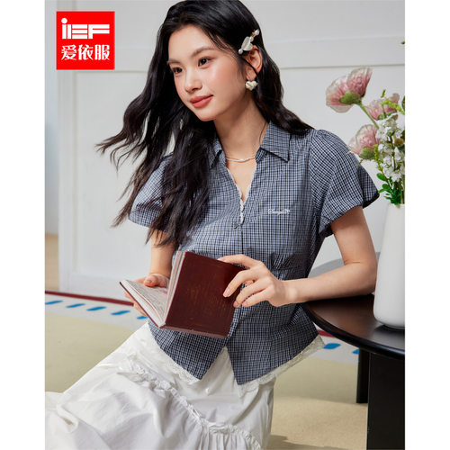 IEF/爱依服2026夏季新款韩系时髦洋气甜美格子拼接蕾丝学院感衬衫