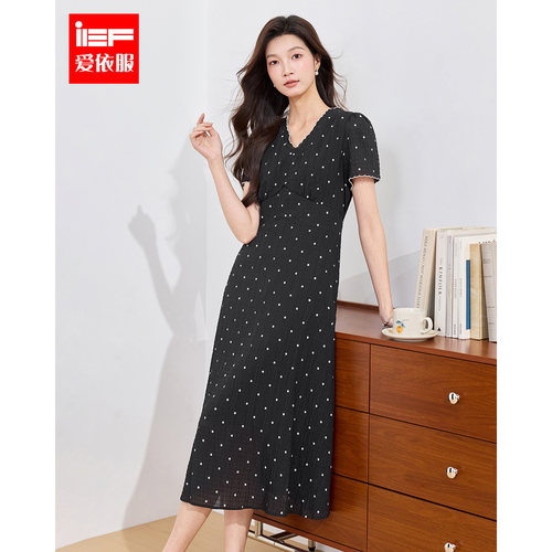 IEF/爱依服裙子2026夏季新款法式复古温柔文艺休闲风波点连衣中裙