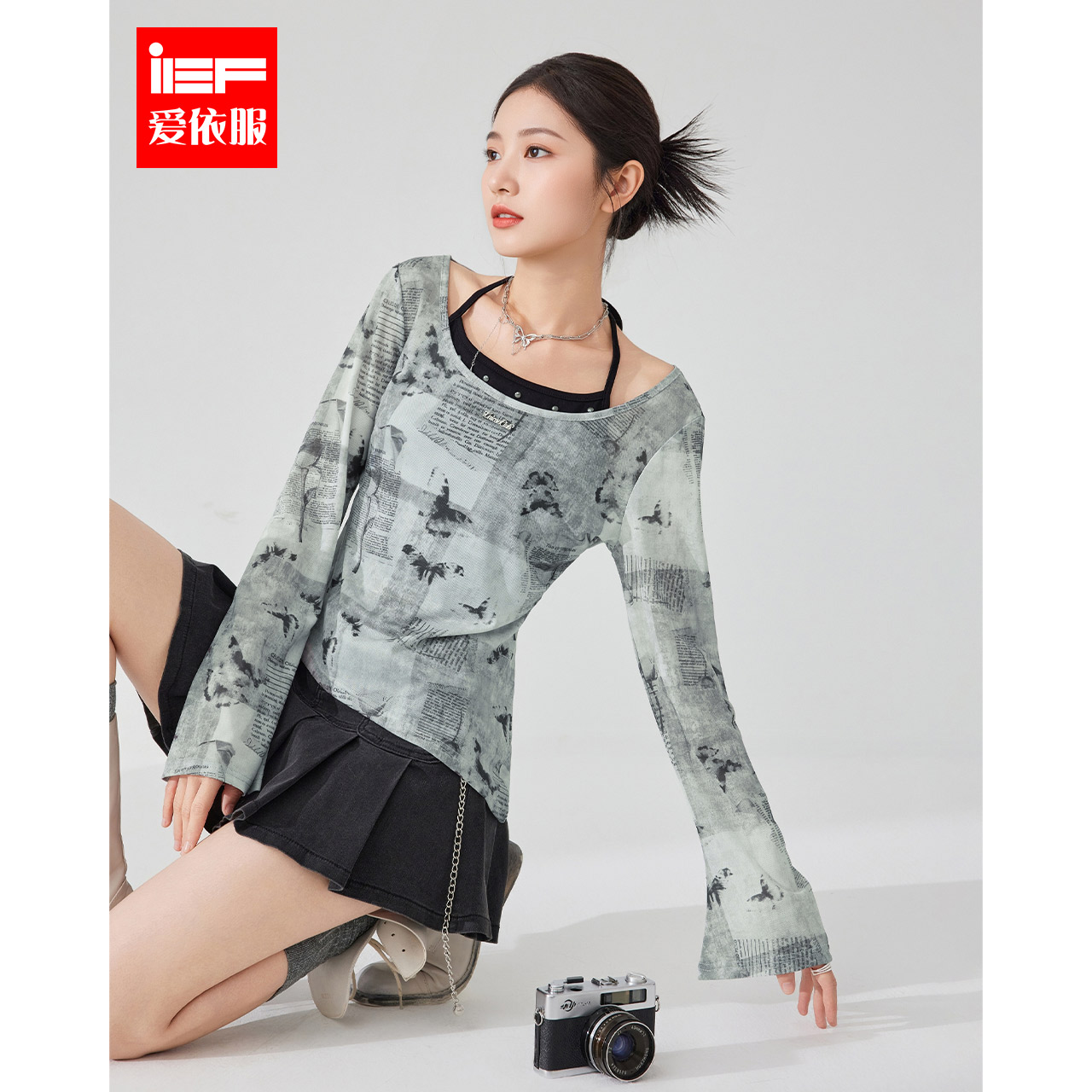 IEF/爱依服2025夏秋新款美式街头嘻哈辣妹气质设计感百搭网纱上衣