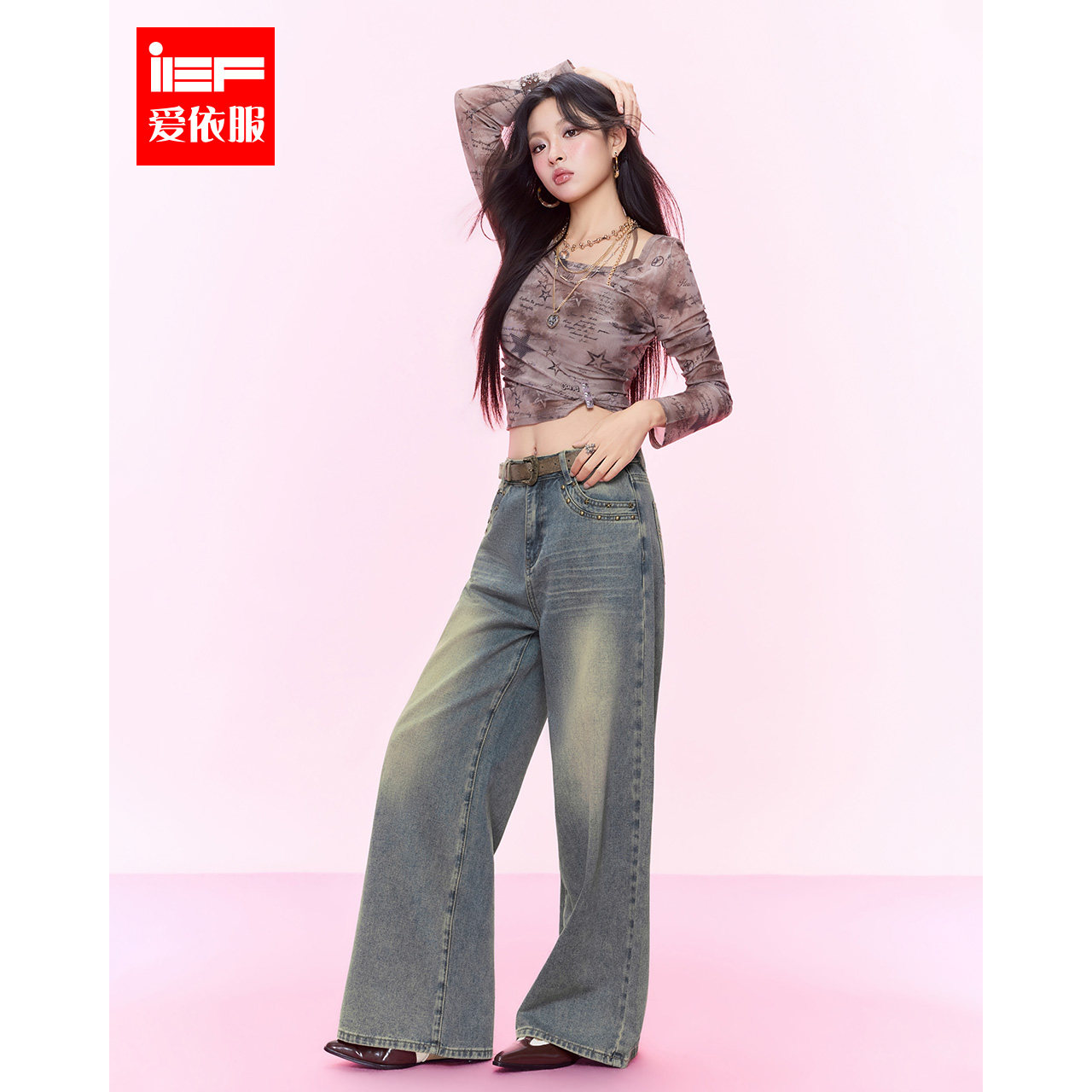 IEF/爱依服2026秋季新款美式甜酷辣妹风牛仔阔腿裤女显瘦百搭时尚图片