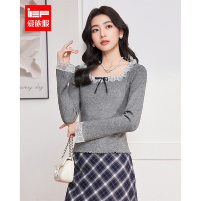 IEF/爱依服2025冬季新款温柔日常百搭减龄蕾丝拼接方领毛织上衣