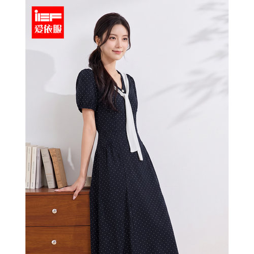 IEF/爱依服2026夏季新款波点连衣裙短袖绑带收腰A字裙修身显瘦