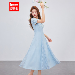 IEF/爱依服裙子2026夏季新款法式浪漫气质感度假风方领连衣长裙