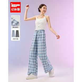 IEF/爱依服2026夏季新款休闲风松紧腰百搭慵懒显瘦格纹宽松阔腿裤