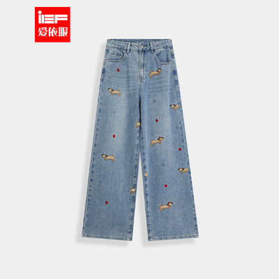 IEF/爱依服2025年冬季新款时尚牛仔阔腿裤女动物刺绣宽松显瘦长裤